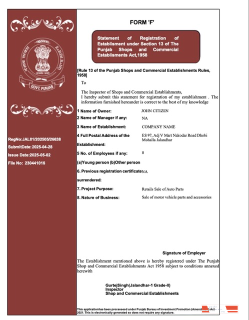 India Punjab registration certificate Word and PDF template, version 2